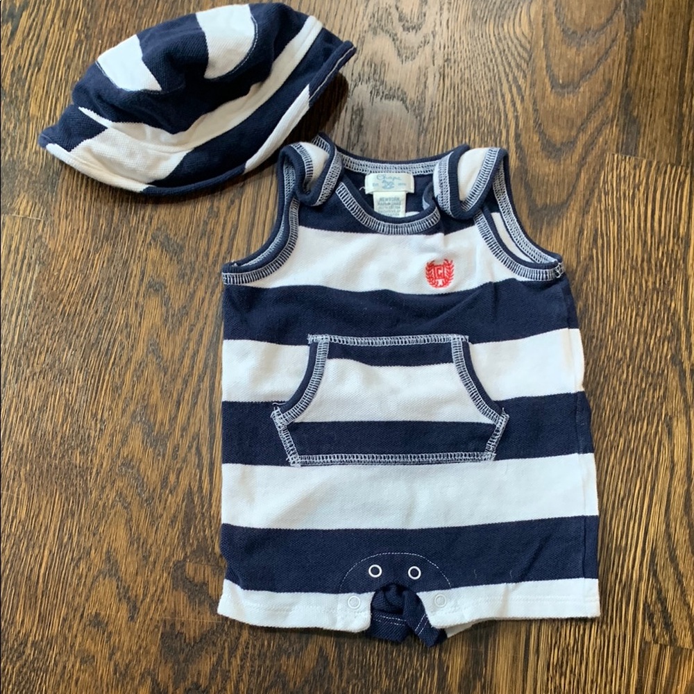 EUC Chaps Navy and White Striped Kids Romper and Hat Set